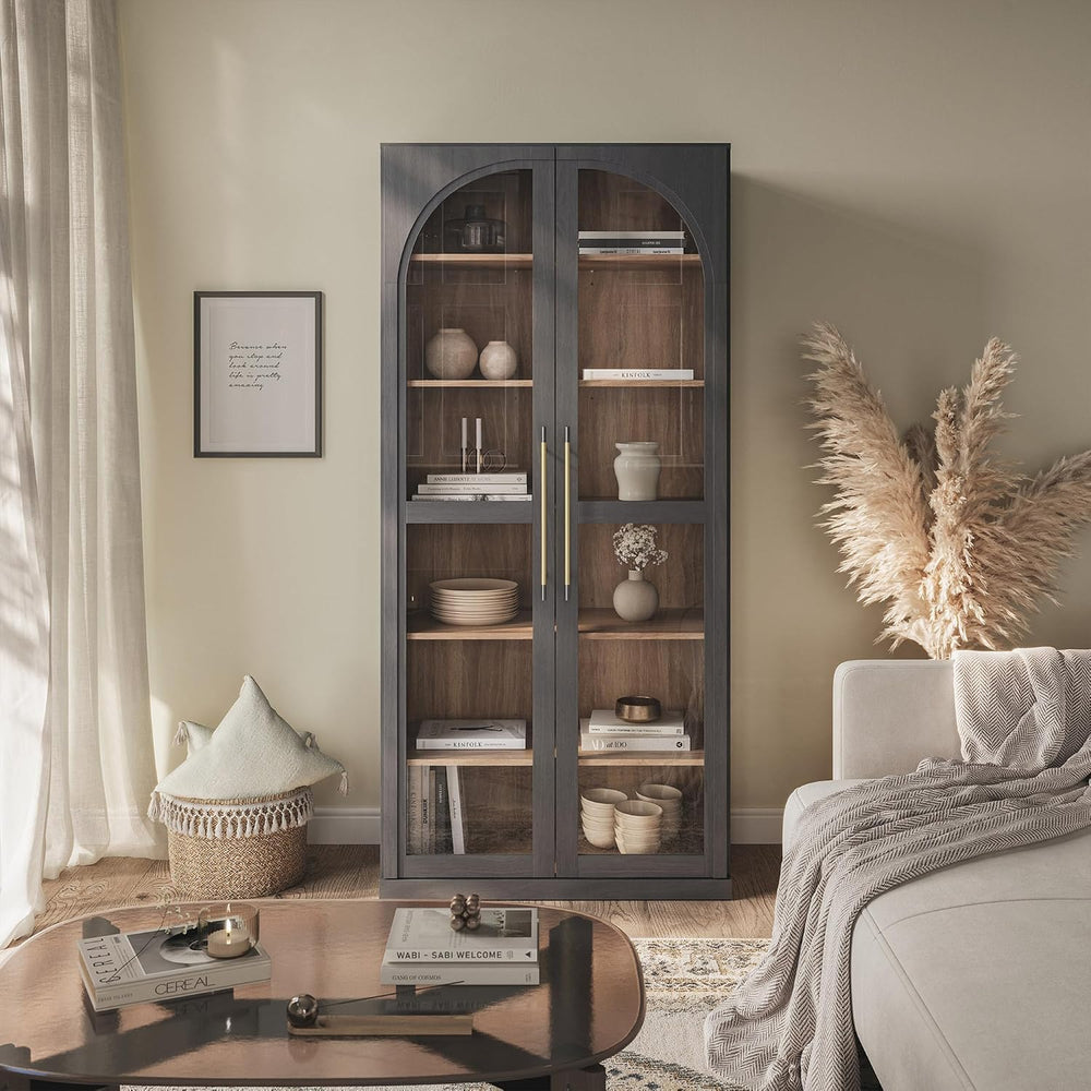 BELLEZE 67" Tall Glass Display Cabinet, Modern Wood Curio Cabinet Bookca...
