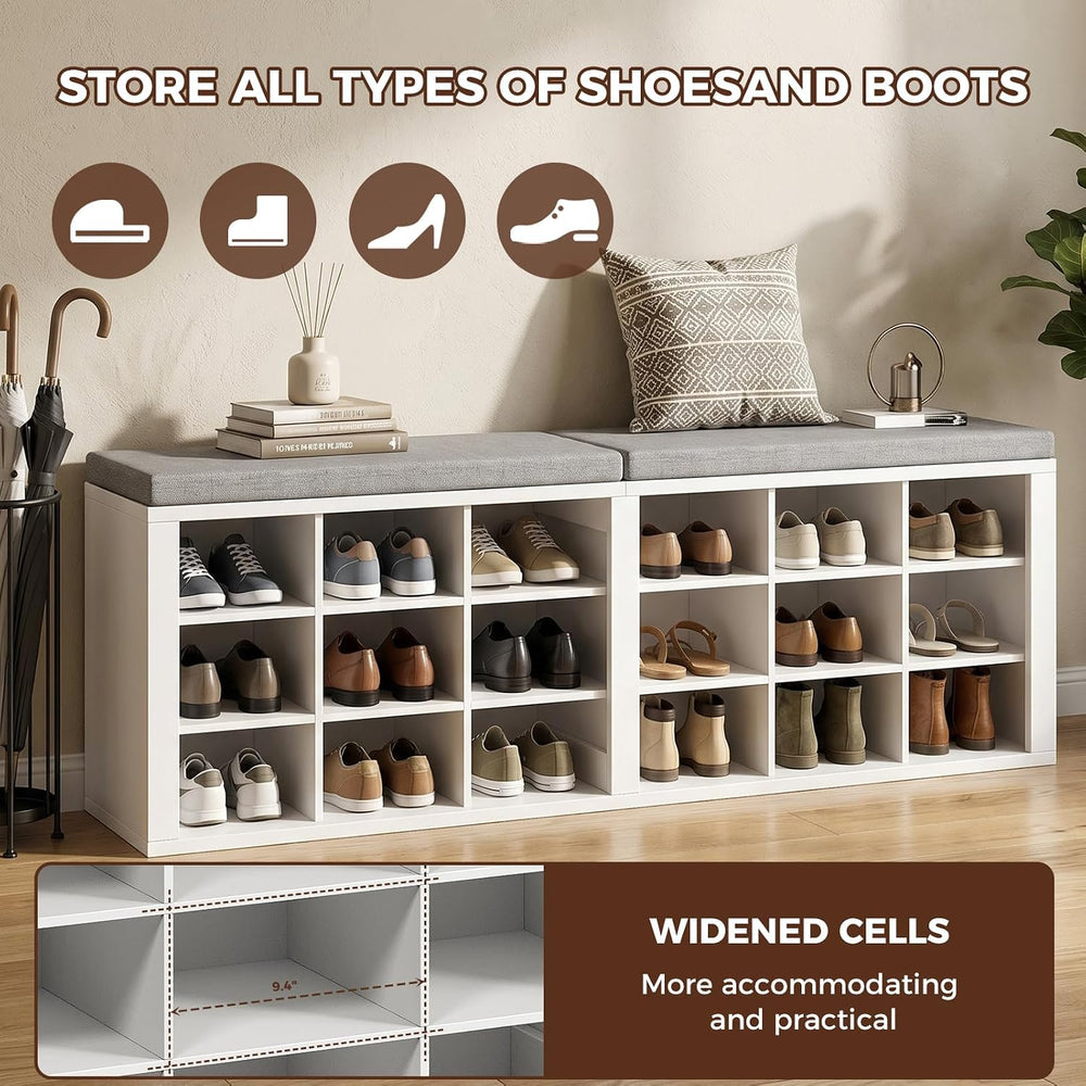 ITEFDTUTNE Shoe Rack Bench, 18 Cubbies Shoe Storage Bench with Cushion, 59&qu...