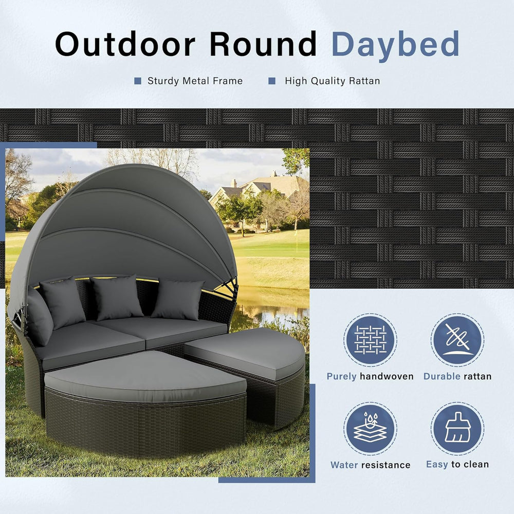 Crownland Round Patio Daybed with Retractable Canopy, Clamshell Wicker Sectio...