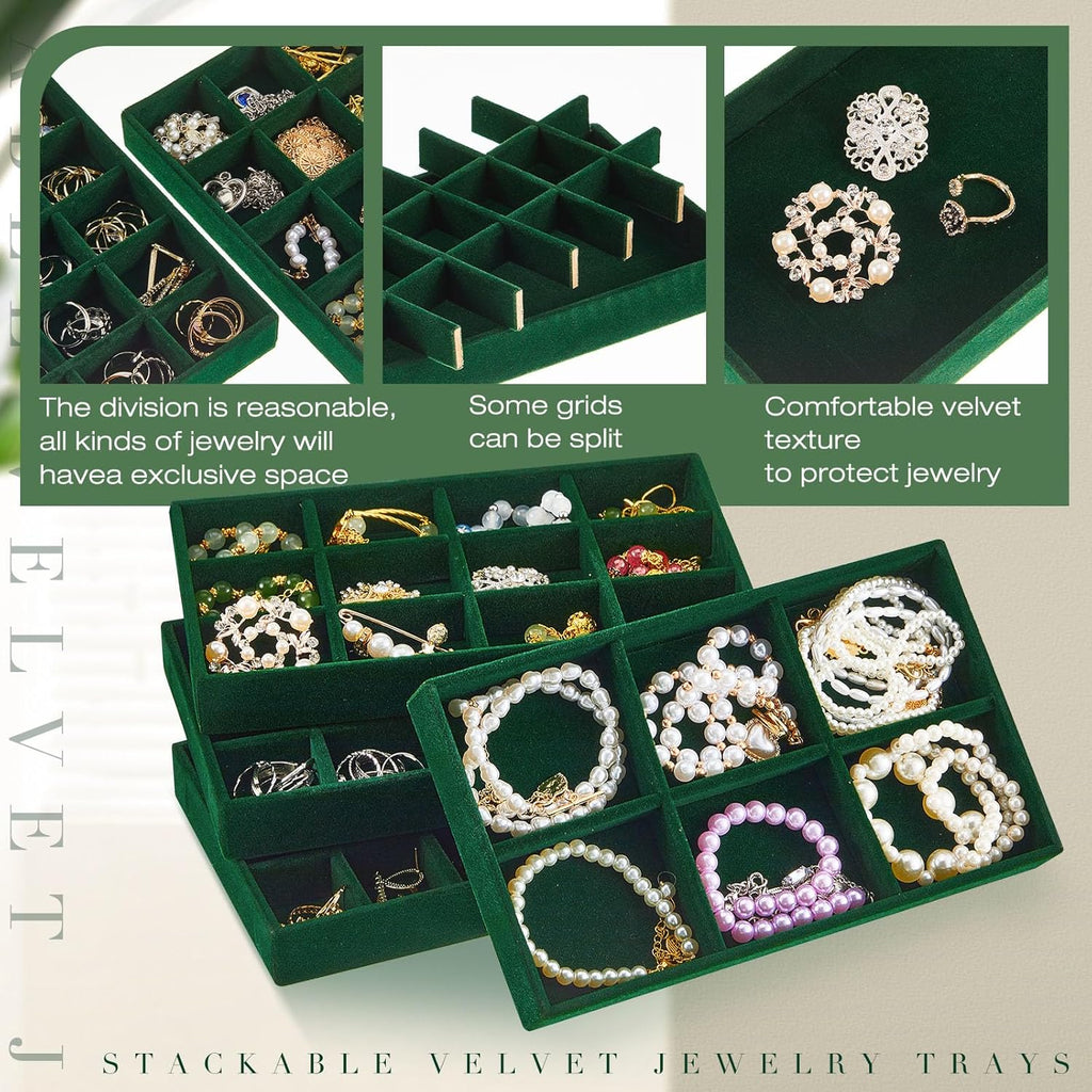 Junkin 12 Pcs Jewelry Tray Velvet Stackable Jewelry Organizer Trays Divided Earring Accessories Storage Containers Box (Rose Red)