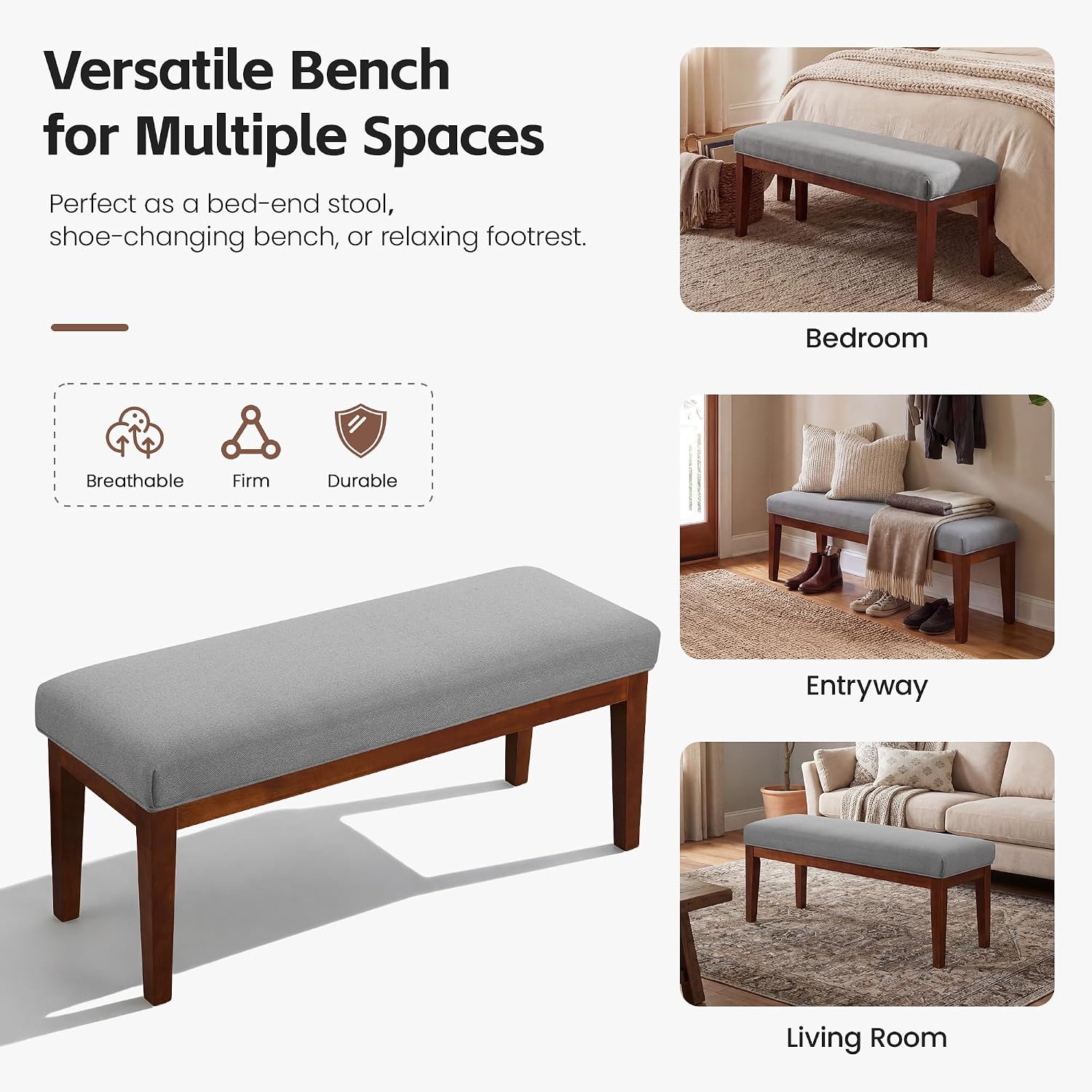 43.5" Upholstered Bedroom Bench, Linen Entryway Bench with Solid Wood Legs, End of Bed Bench with Cushion, Dining Bench for Living Room, Bedroom, Hallway, Light Grey