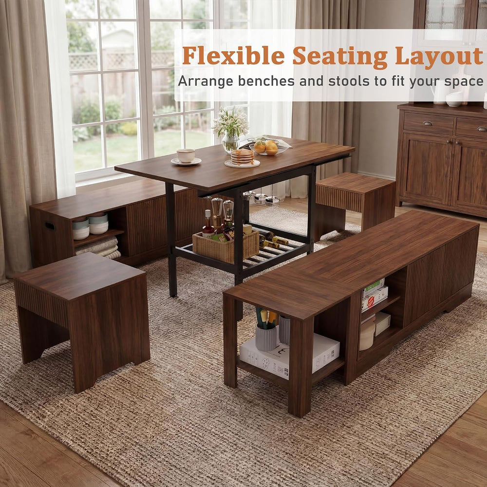 Extendable Breakfast Nook Table Set with Storage Benches & Stools, 6-Piec...