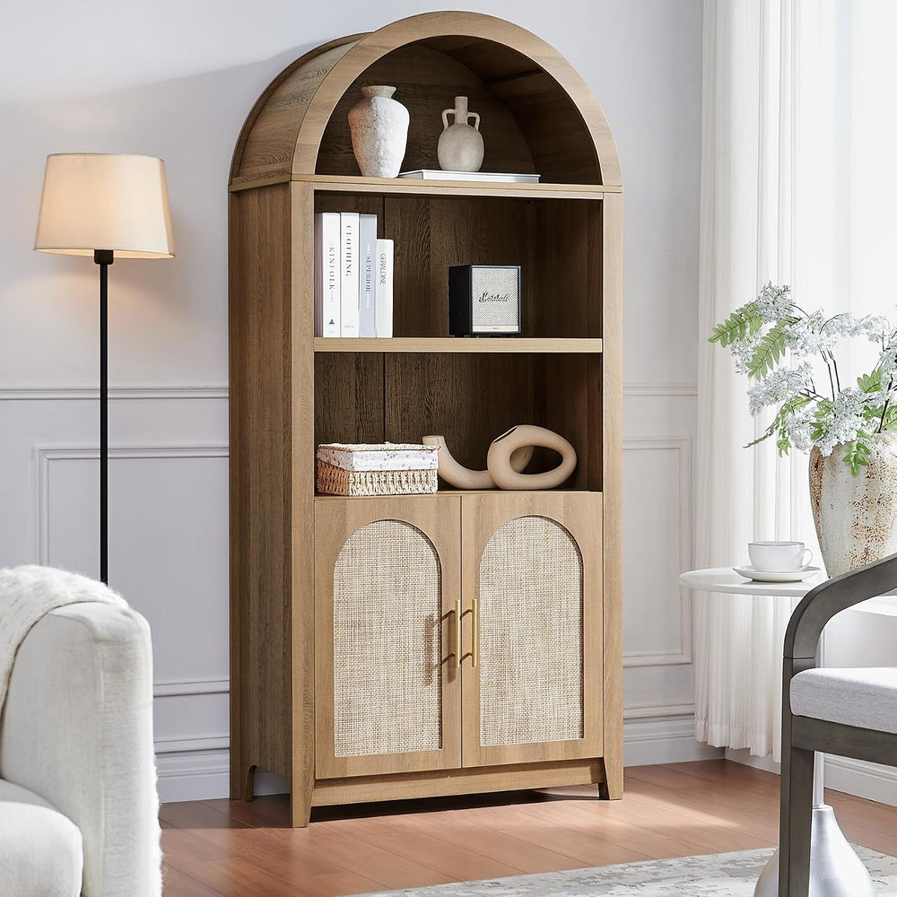 RowyPoey Rattan Arched Cabinet Bookshelf - 69.3” Tall Mid Century Display Cab...