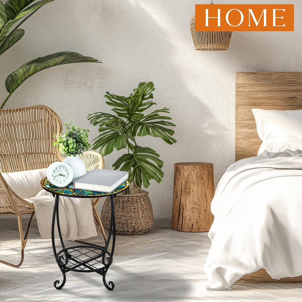 Cinnvoice Outdoor Side Table Round Small Mosaic Patio Accent Indoor End Plant...