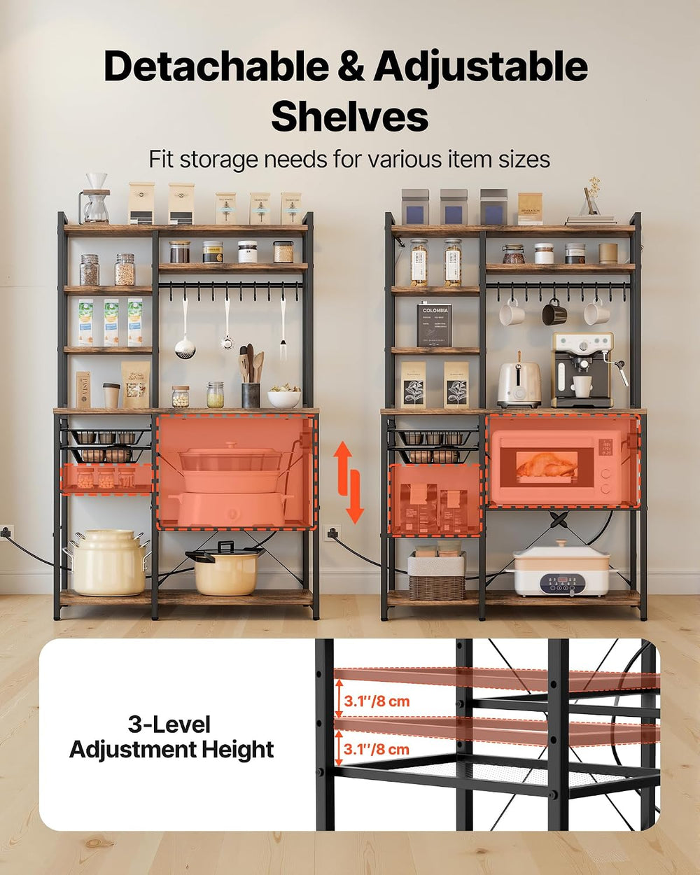 VEVOR Kitchen Bakers Rack with Power Outlets, 35.4x15.7x70.9 Inch Microwave S...