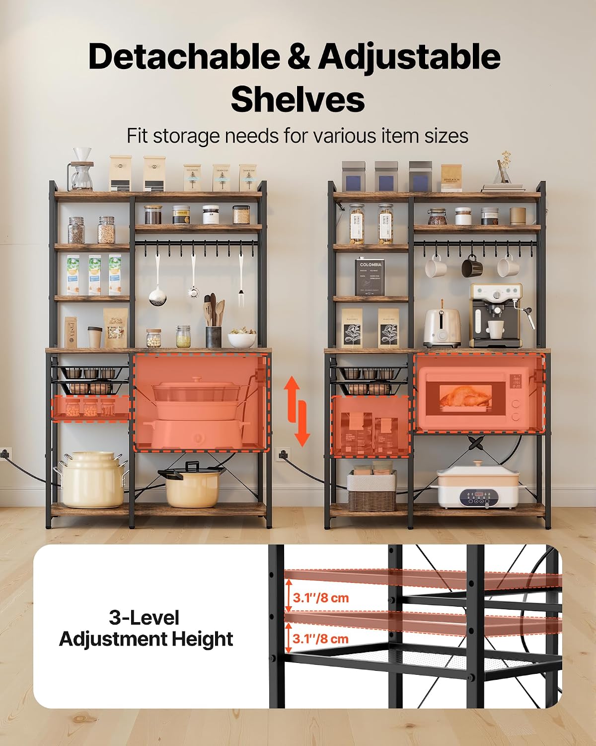 VEVOR Kitchen Bakers Rack with Power Outlets, 35.4x15.7x70.9 Inch Microwave Stand with Built-in Power Strip & 5 Ft Cord, 10 S-Shaped Hooks, for Dish Storage, Spice Jars, Coffee Bar Organization