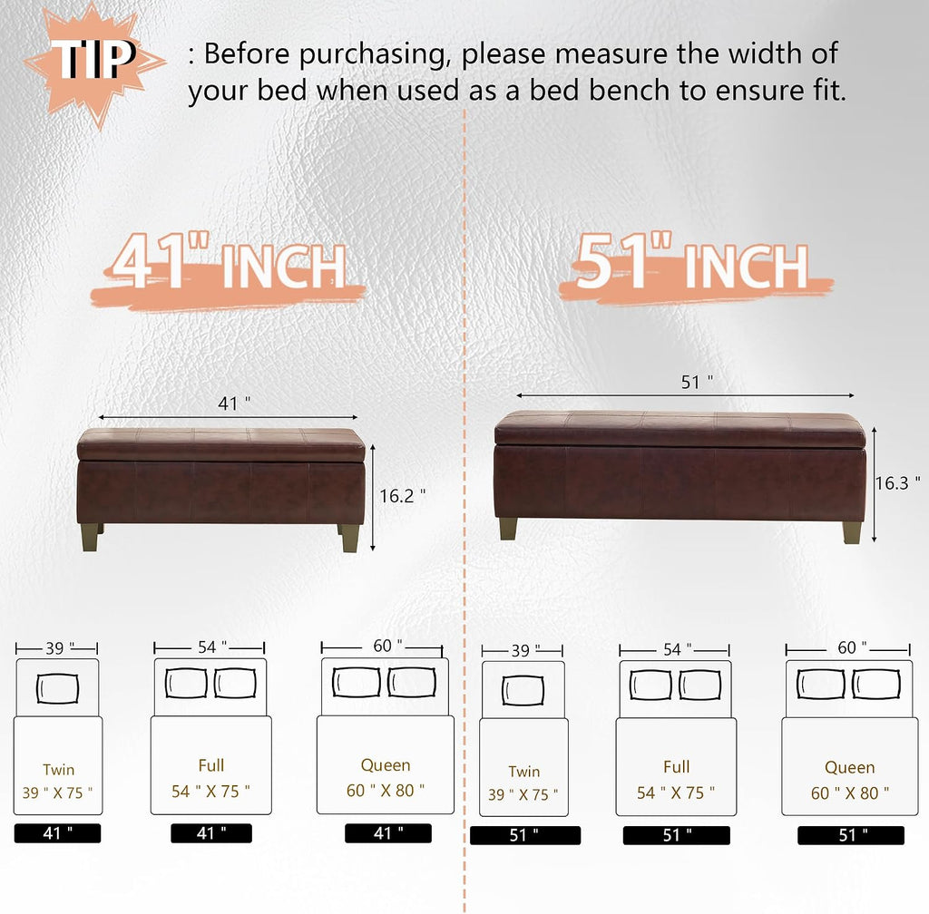 41" Storage Ottoman, Storage Bench with Safety Hinge, Upholstered Synthetic Leather Ottoman Bench for Bedroom, Living Room, Entryway, Hallway, Foot Rest, Support 500lbs
