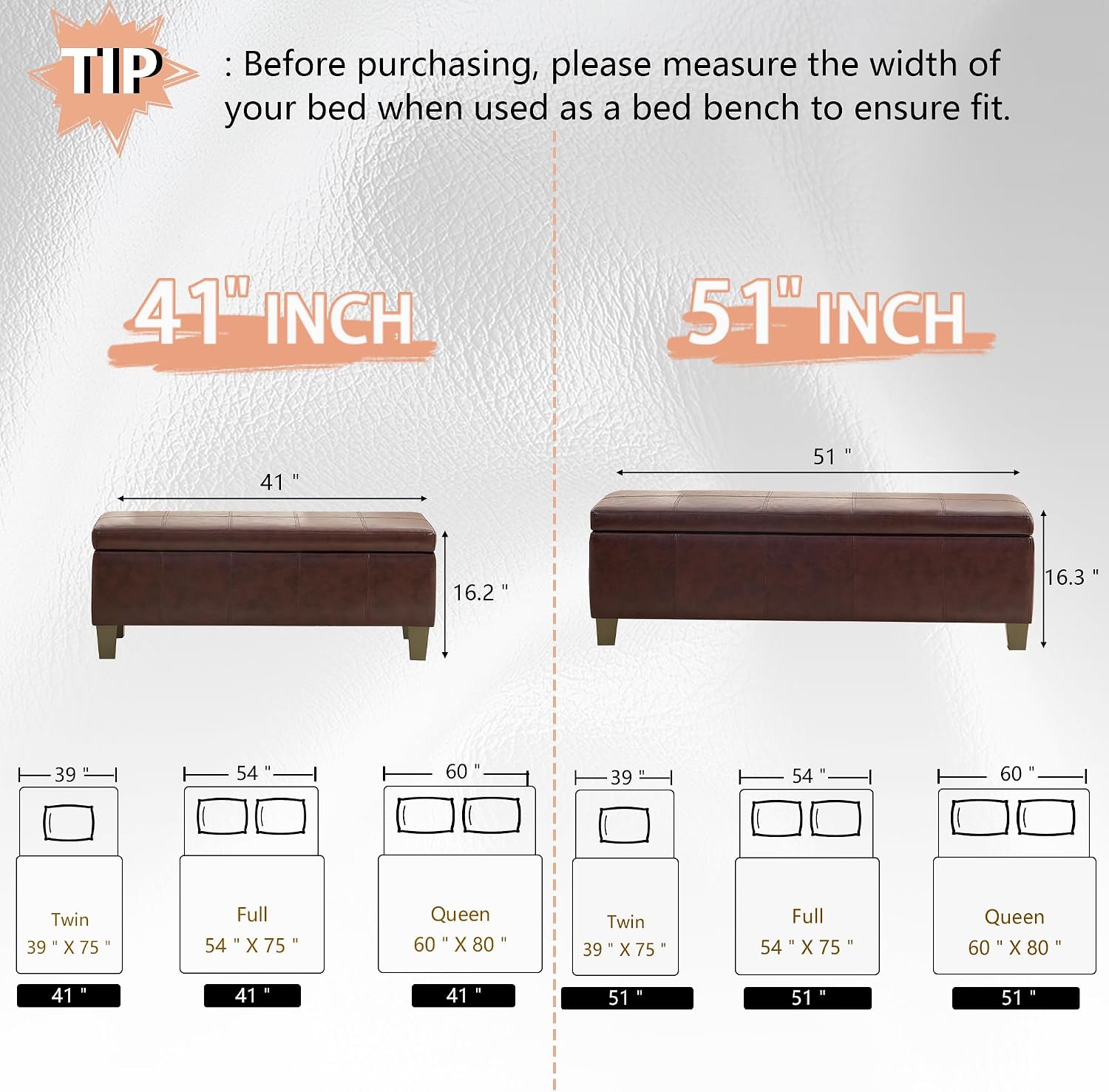 41" Storage Ottoman, Storage Bench with Safety Hinge, Upholstered Synthetic Leather Ottoman Bench for Bedroom, Living Room, Entryway, Hallway, Foot Rest, Support 500lbs