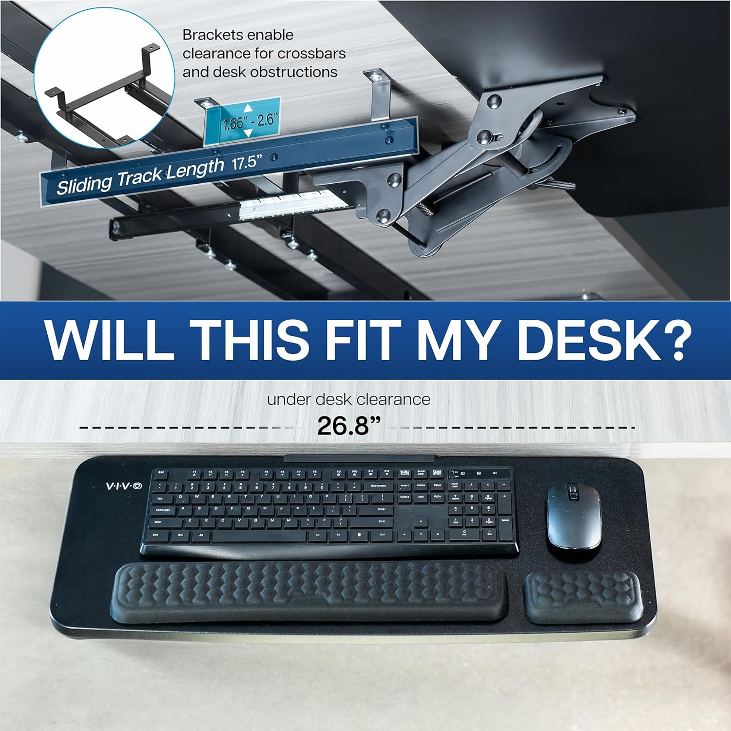 VIVO Premium Adjustable 27 x 11 inch Computer Keyboard and Mouse Platform Tray, Ergonomic Under Table Desk Mount Drawer with Padding, Black, MOUNT-KB27P-B