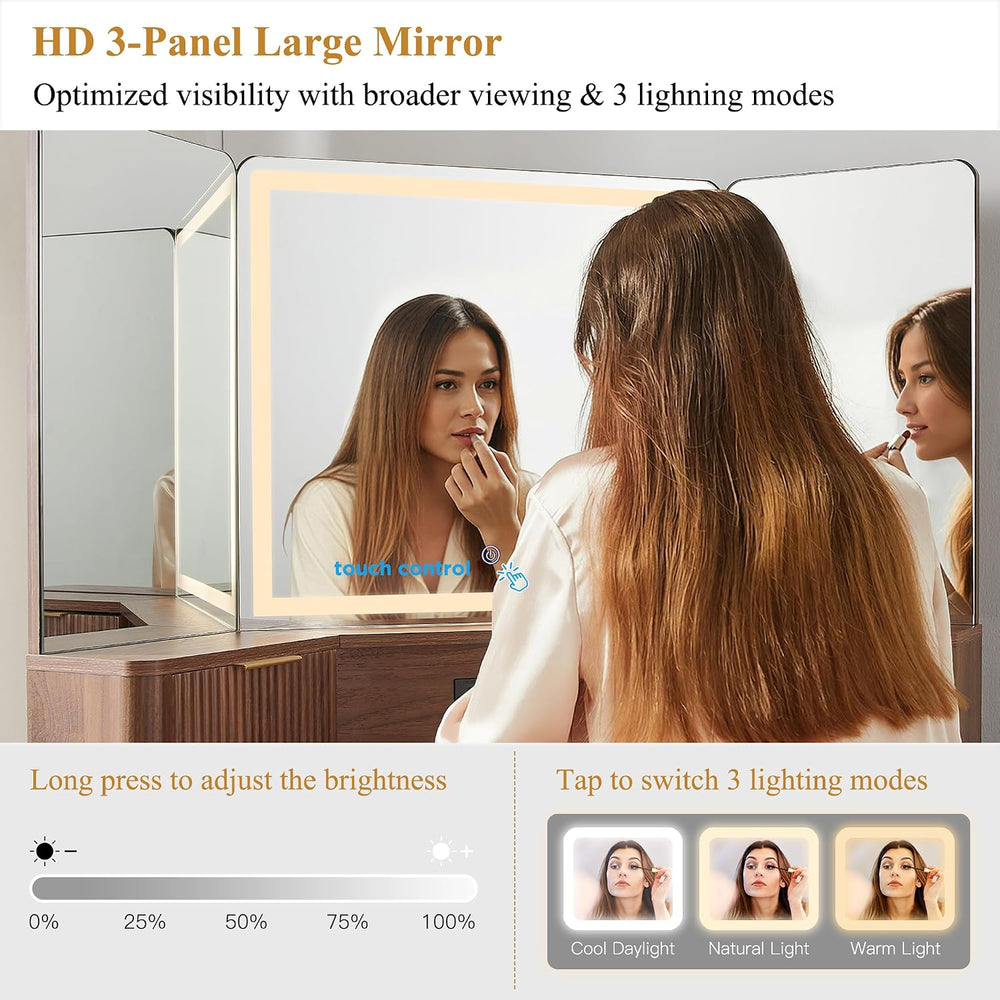 T4TREAM 48" Corner Makeup Vanity with Lighted Triple Mirror, Light Walnu...
