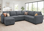 HONBAY Modular Sectional Couch with Pull Out Bed, Chenille Sleeper Sofa with Storage Seats Ottoman, U Shaped Sectional Couches for Living Room, Bluish Grey