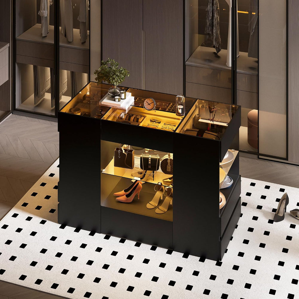 Kikihouse Modern Closet Island with 10 Drawers, LED Wardrobe Armoire Island w...