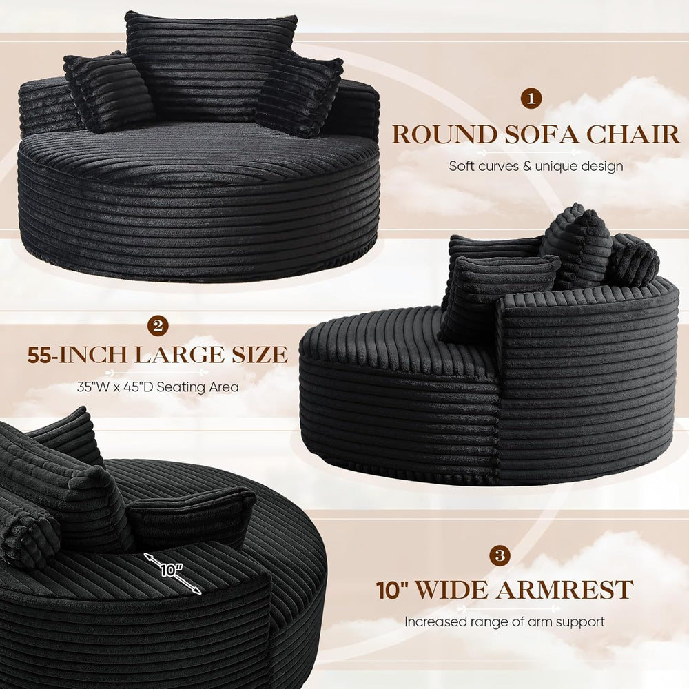 Oversized Round Chaise Longue Chair Indoor, Modern 55-inch Upholstered Cordur...