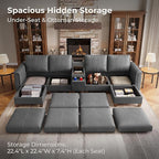 SITJOY 132" Faux Leather Modular Sectional Sofa with Storage, Mid Century Modern Sectional Couches for Living Room, 6 Seat U Shaped Couch with Ottoman and Console Table, Hidden Cupholders, Gray