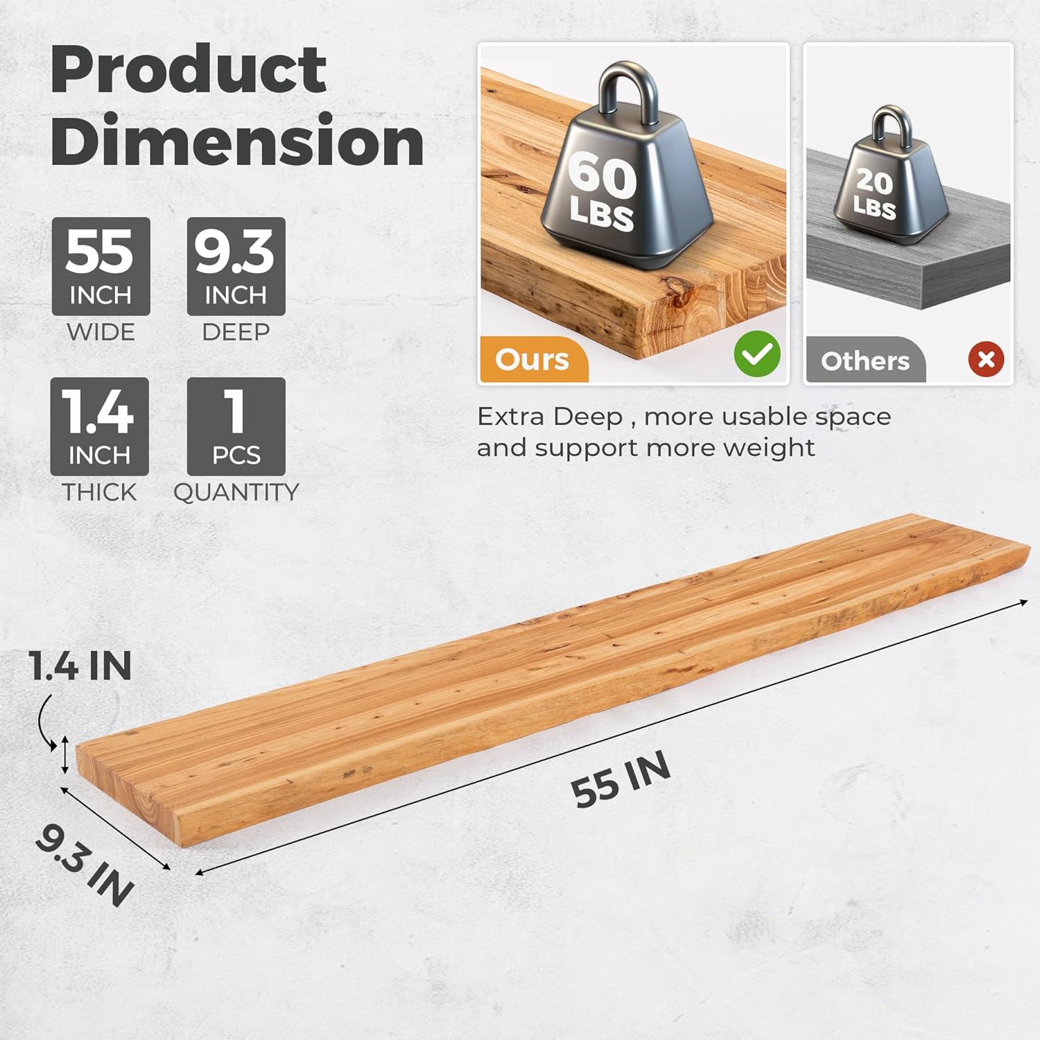Live Edge Elm Floating Shelves For Wall - 55" W x 9.3" D Rustic Solid long Wood Shelves with Invisible Bracket, Wall-Mounted Storage & Display Shelf for Living Room Bedroom Kitchen, Set of 2, Natural