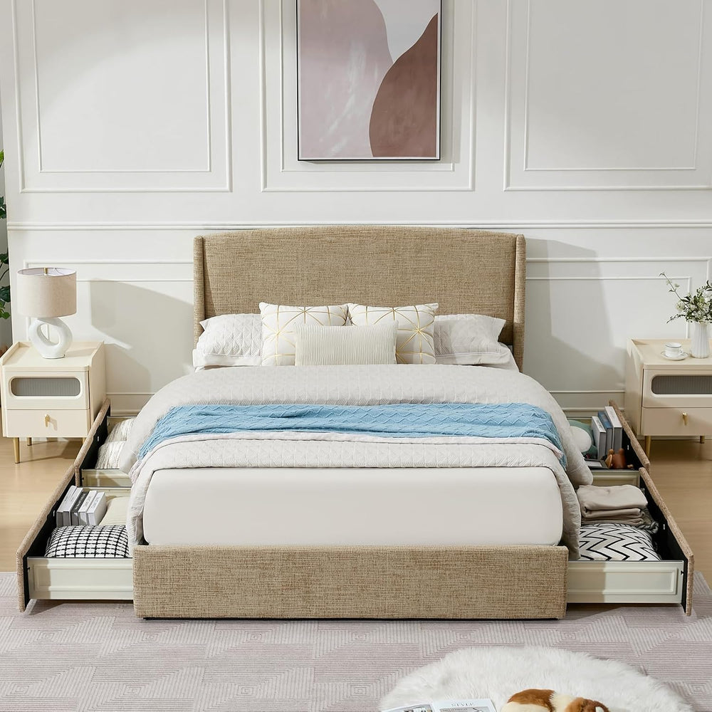 VELOCAVA Queen Storage Bed Frame with Curved Wingback Headboard, Linen-Look U...