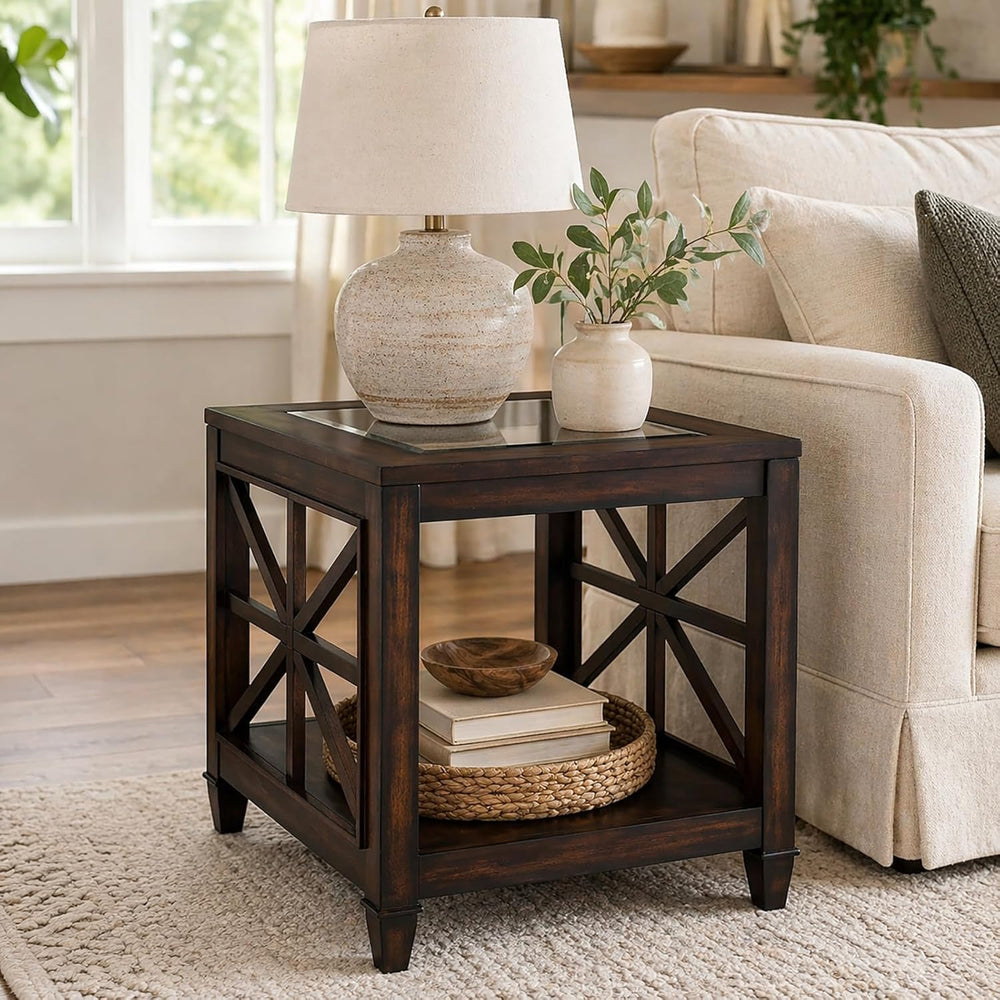 Set of 2 Large Solid Wood End Tables with Tempered Glass Top, 28" x 24&q...