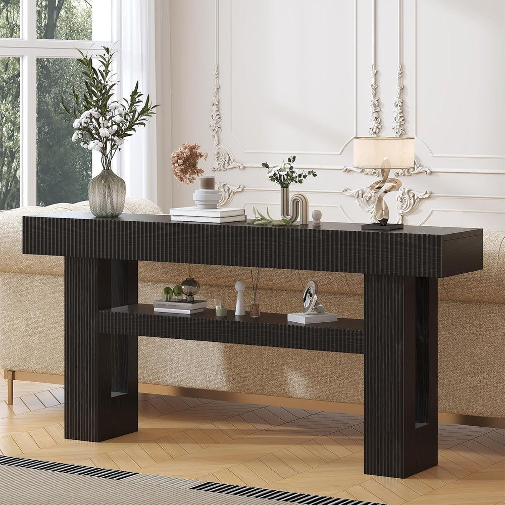 Bigbiglife 63" Fluted Console Table, Black | 2-Tier with Storage Shelves...