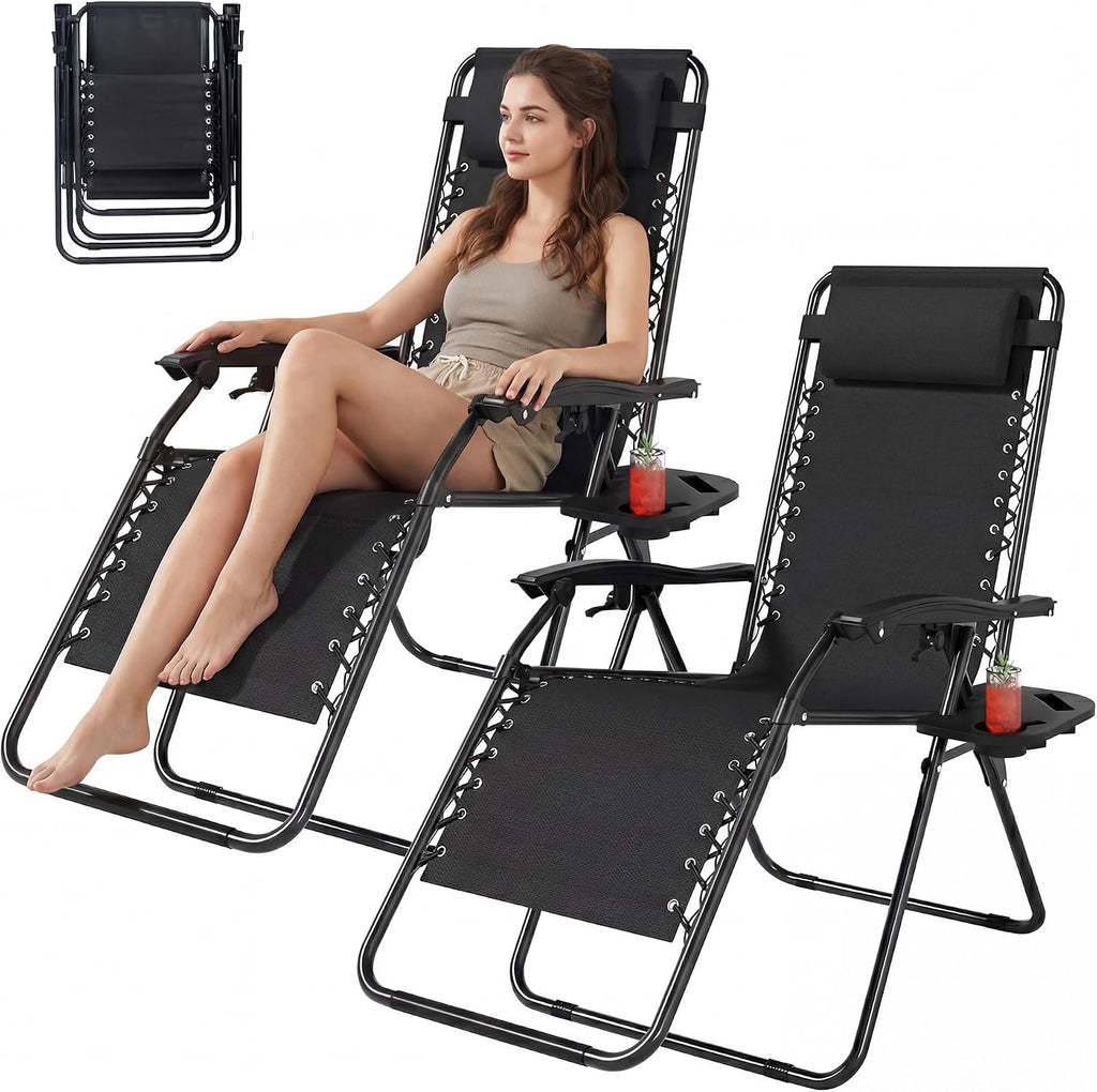 Outdoor Zero Gravity Chairs Set of 2 with Cup Holder & Removable Pillows, Adjustable Folding Reclining Patio Chairs, Anti Gravity Lounge Chairs for Poolside, Lawn, Beach, Camping