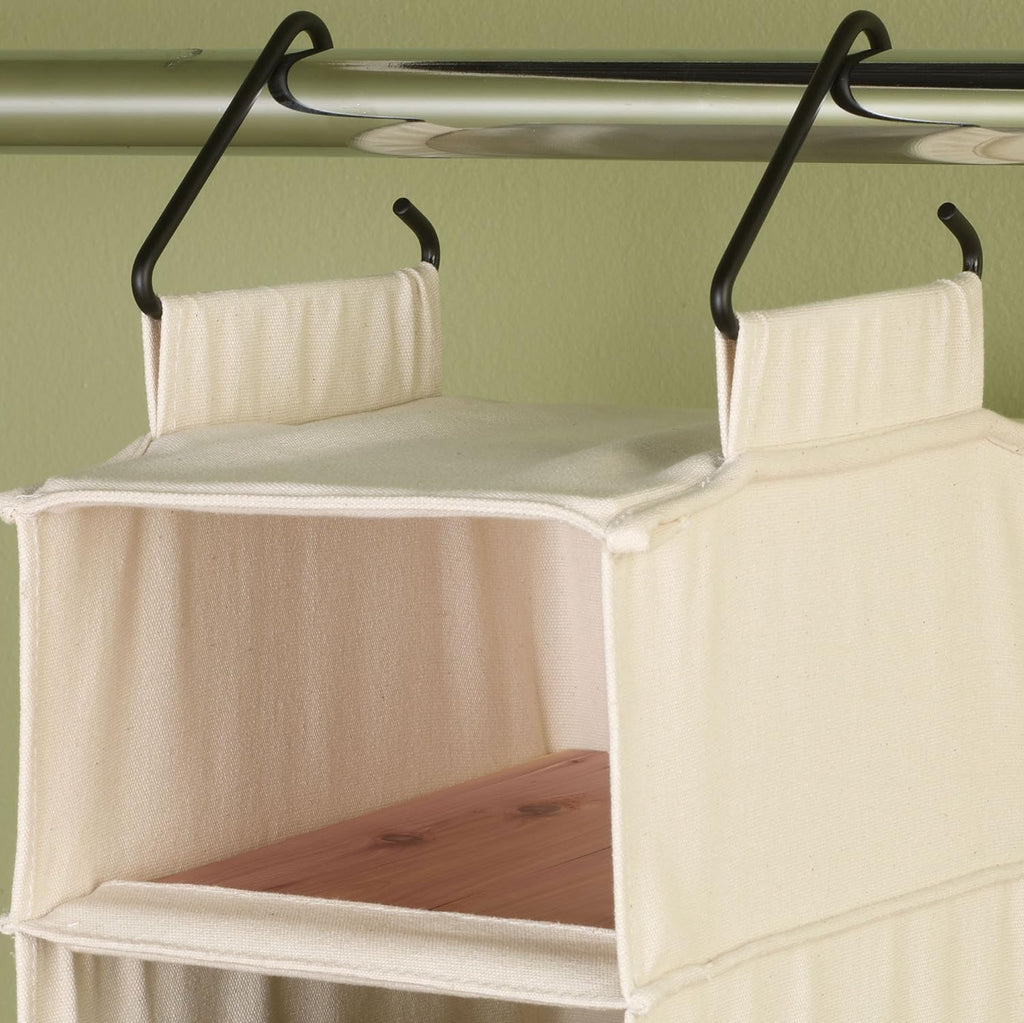 Household Essentials Hanging Shoe Organizer, 10 Wide Cubbies with Cedarline Pockets, Heavy-Duty Cotton Canvas, Removable and Industrial Hooks, Natural
