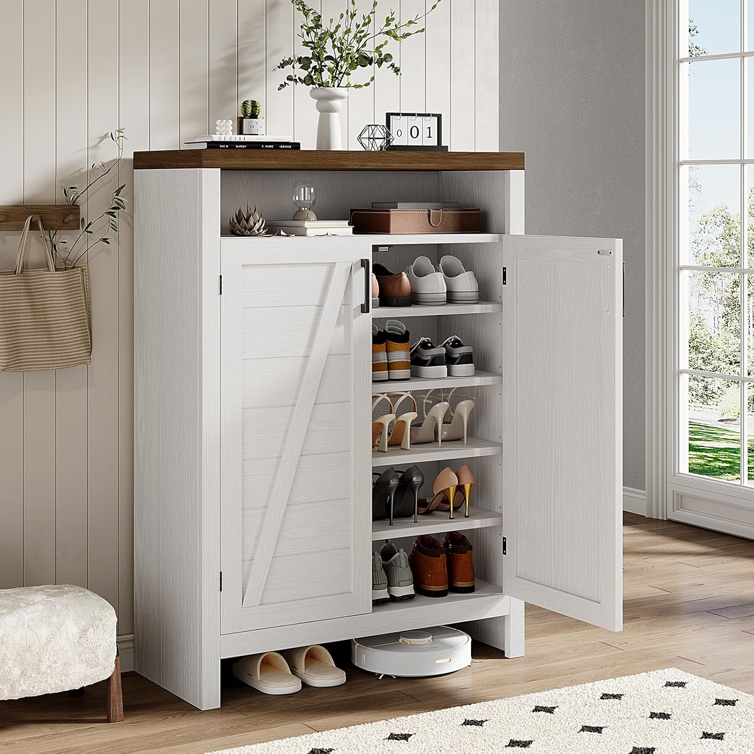 6-Tier Shoe Cabinet with Doors,Farmhouse Shoe Storage Cabinet,White | Narrow Shoe Cabinet with Adjustable Shelves, Large Capacity Wooden Shoe Rack Organizer for Entryway, Hallway, Living Room