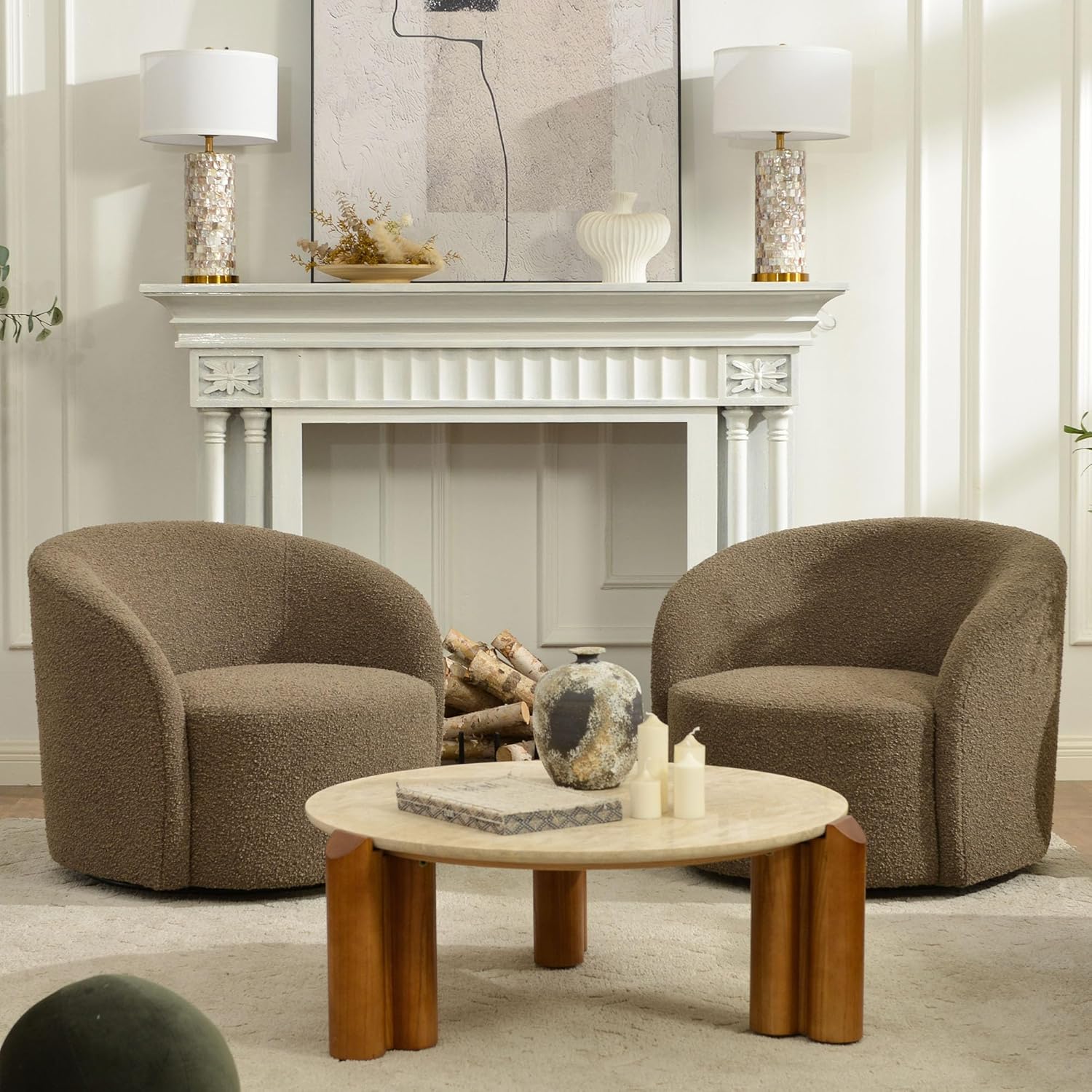 KINWELL 34" W Swivel Barrel Chair Set of 2, Mid Century Modern Round Upholstered Boucle Swivel Accent Chairs, No Assembly Sofa Chair for Living Room Bedroom Reading, Teddy Brown