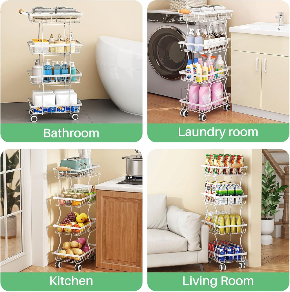 SAYZH 4-Tier Fruit Basket Stand with Vegetable Baskets for Kitchen, White | S...