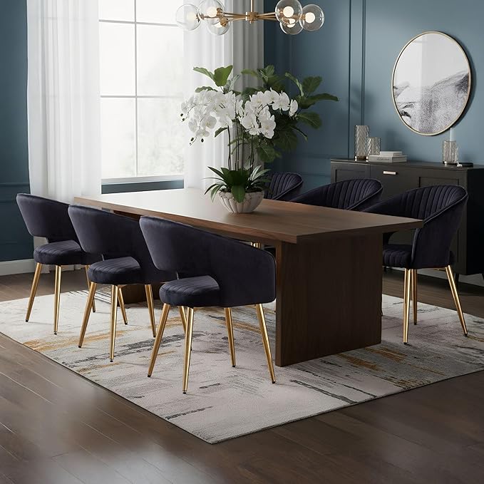 Black and Gold Velvet Dining Chairs, Modern Dining Room Chairs with Arms Set of 6 Upholstered Accent Chair Armchair with Barrel Back for Kitchen Living Room