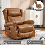Genuine Leather Recliner Chair for Adults, Manual Swivel Rocker Glider Rocking Chair with Vibration Massage Lumbar Heat for Nursery, Rivet Design Single Sofa Chair for Living Room - Caramel Brown