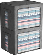FHSQX Extra Large Clothes Storage Bins Foldable Metal Frame Storage Box Stackable Linen Fabric Box Organizer Set with Carrying Handles and Clear Window -100L (Gray, 23.6x 16.5x 15.7 Inch)