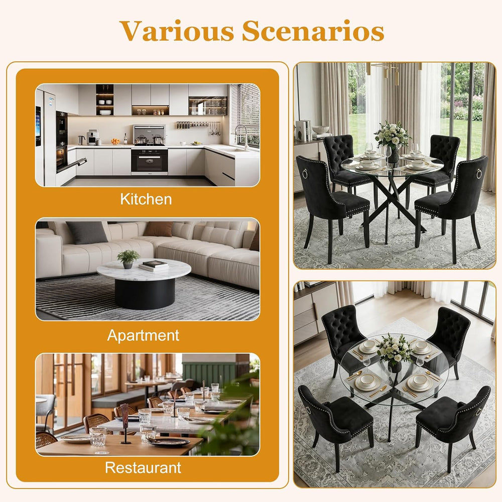Dining Table Set for 4, Round Glass Kitchen Table with 4 Black Upholstered Ve...