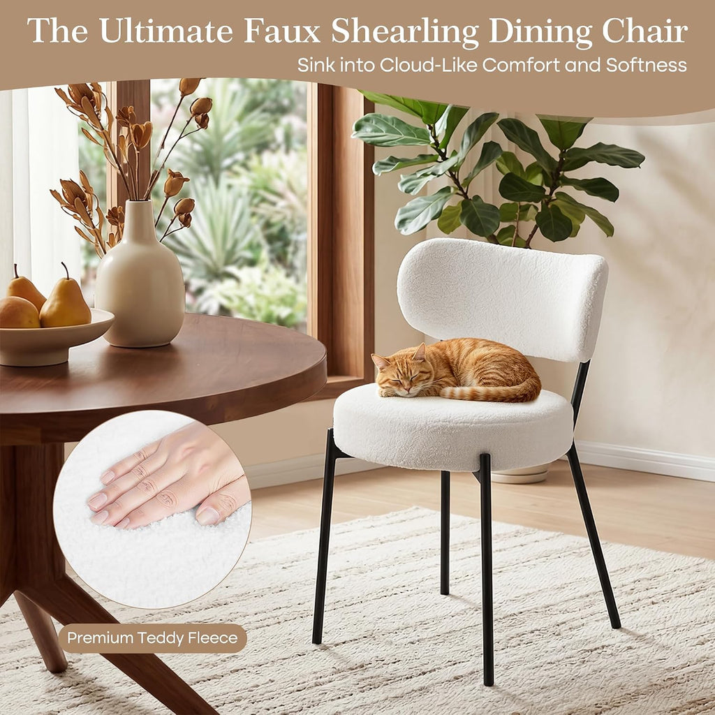 VECELO Dining Chairs Set of 4, Modern Mid Century Upholstered Kitchen Chairs with Curved Backrest and Black Metal Legs, for Kitchen, Dining Room, Living Room, White