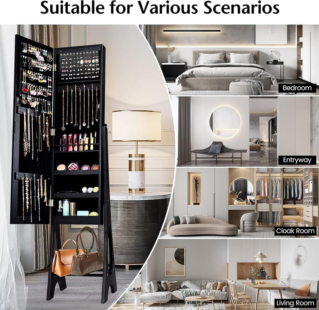 COSTWAY 12 LED Mirror Jewelry Cabinet, Freestanding Jewelry Storage Organizer w/Full Length Mirror, Large Capacity Jewelry Armoire w/Bottom Shelf, Mirror with Jewelry Storage for Women Girls (Black)
