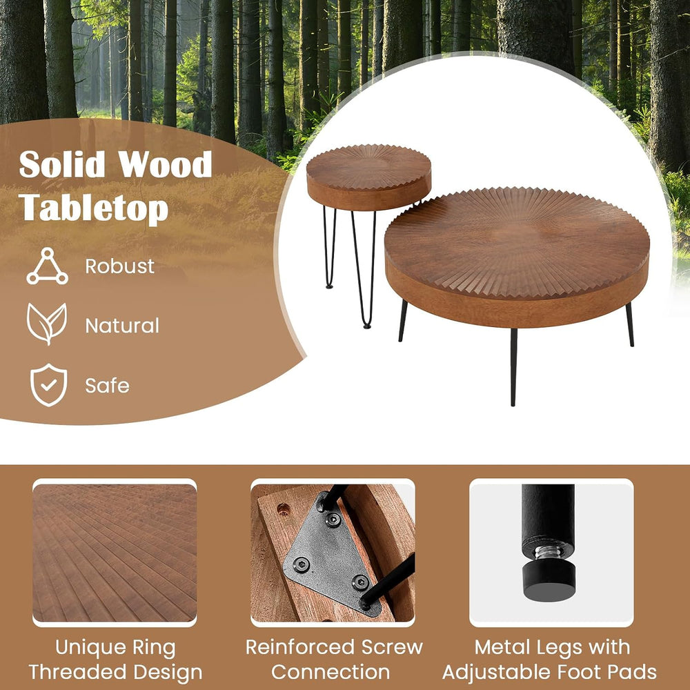 COSTWAY Farmhouse Round Coffee Table Set of 2, Rustic Sofa Side Tea Tables w/...