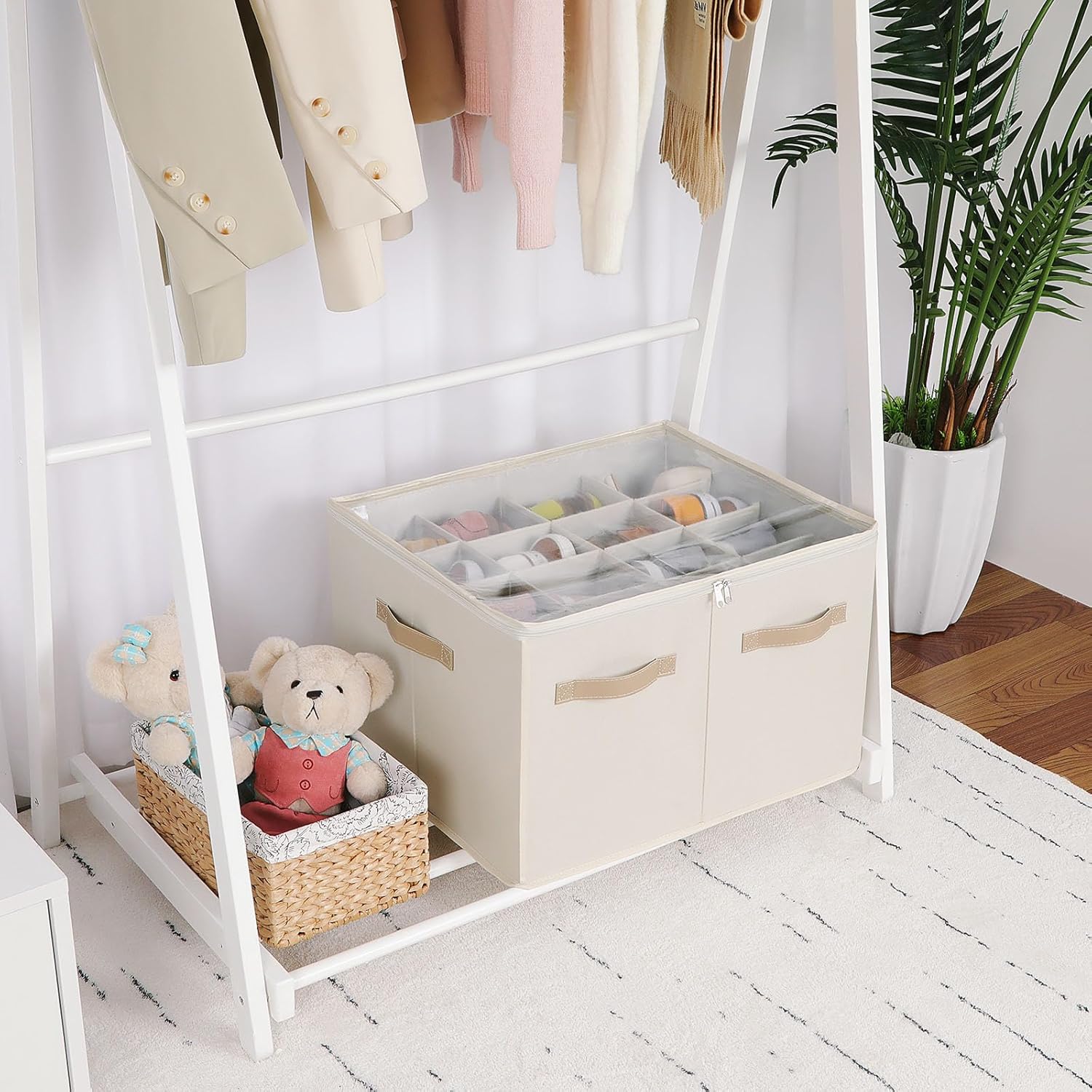 Shoe Organizer for Closet, Foldable Shoe Box with Adjustable Dividers and Clear Cover, Space Saving Shoe Storage Organizer Cabinet with Reinforced Handles, Fits 16 Pairs, Beige TP09Y
