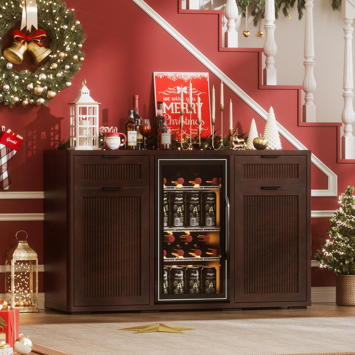 AHB Wine Bar Cabinet with Mini Fridge Space, Liquor Coffee Cabinet with Hidden Trash Cabinet, Buffet Sideboard for Living Room, Kitchen, Dining Room