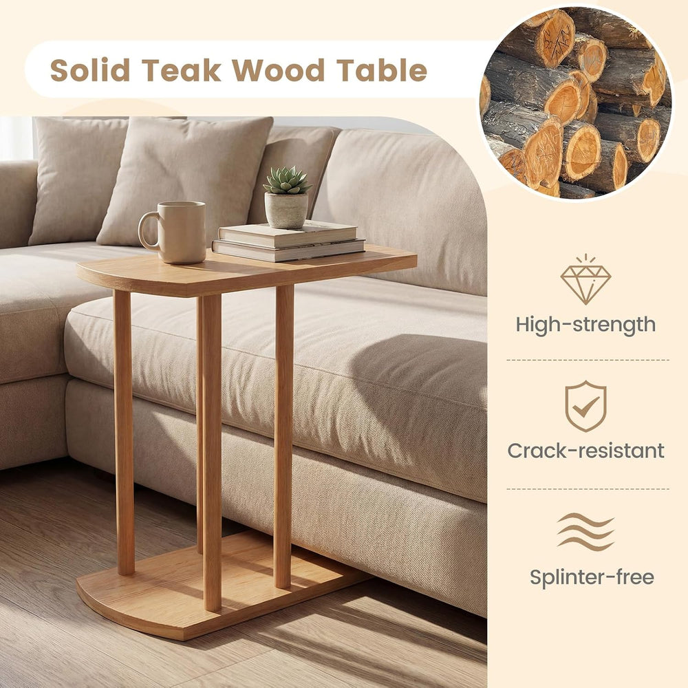 Giantex C-Shaped Teak Wood Side Table, Set of 2 Narrow 2-Tier Couch Tables th...