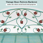 DIBRATY Rose Metal Entryway Bench, 2-Seater Vintage Foyer Bench, Blue | Garden Bench, with Scroll Armrest & Rose Leaf Pattern Backrest, Retro Distressed, for Porch, Living Room