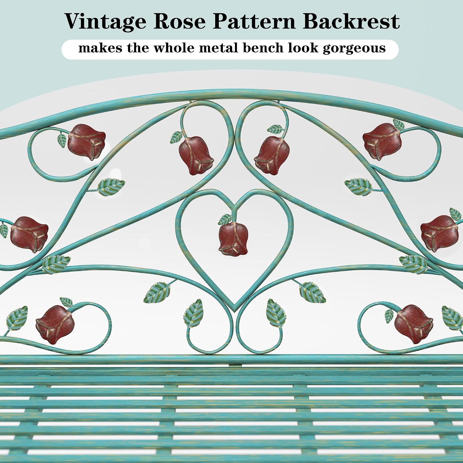 DIBRATY Rose Metal Entryway Bench, 2-Seater Vintage Foyer Bench, Blue | Garden Bench, with Scroll Armrest & Rose Leaf Pattern Backrest, Retro Distressed, for Porch, Living Room