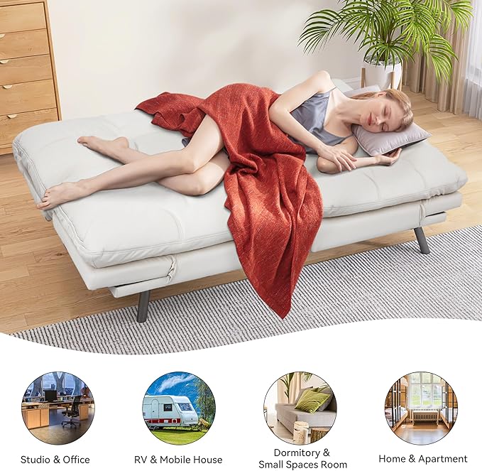 Convertible Faux Leather Sofa Couch,Memory Foam Futon Couch Bed,Small Splitback Modern Loveseat Sleeper Sofa Bed for Living Room, Office, Apartment, Pear White