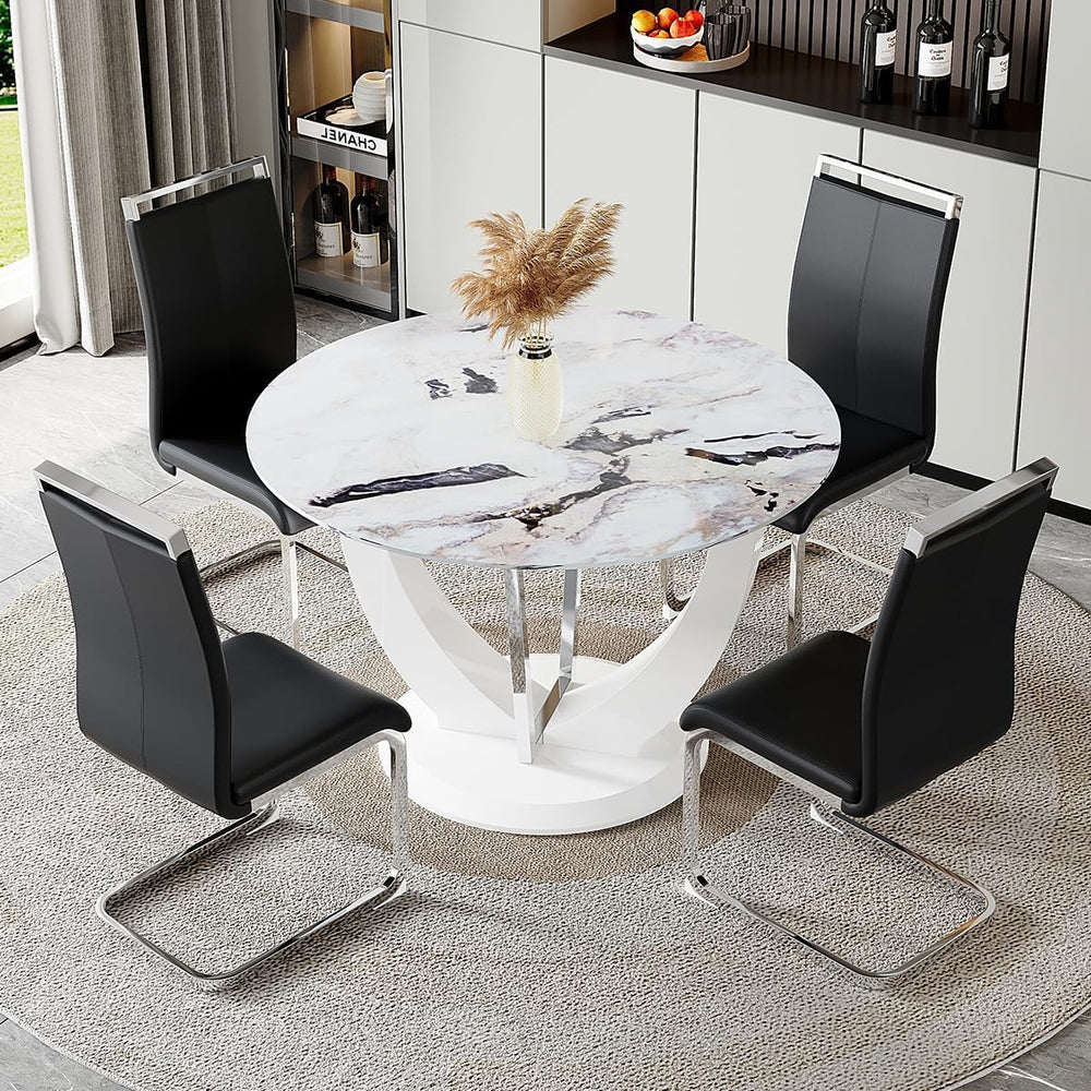 JUFU Round Dining Table Set for 4, 47" White Dinette Set for 4 with Marb...