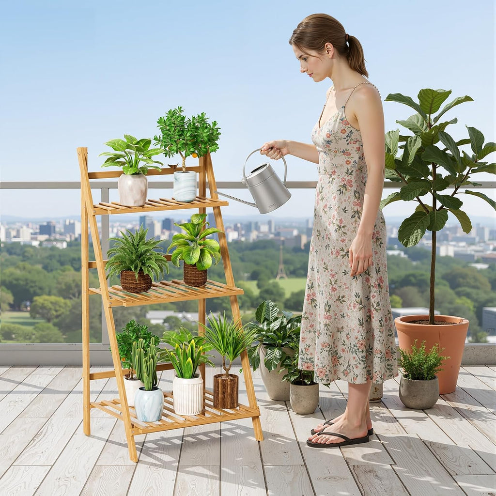 Bamboo Ladder Plant Shelf, 3 Tier Foldable Flower Pot Display Rack, Indoor Outdoor Balcony Decor, Freestanding Plant Organizer for Home Patio Lawn Garden Wooden