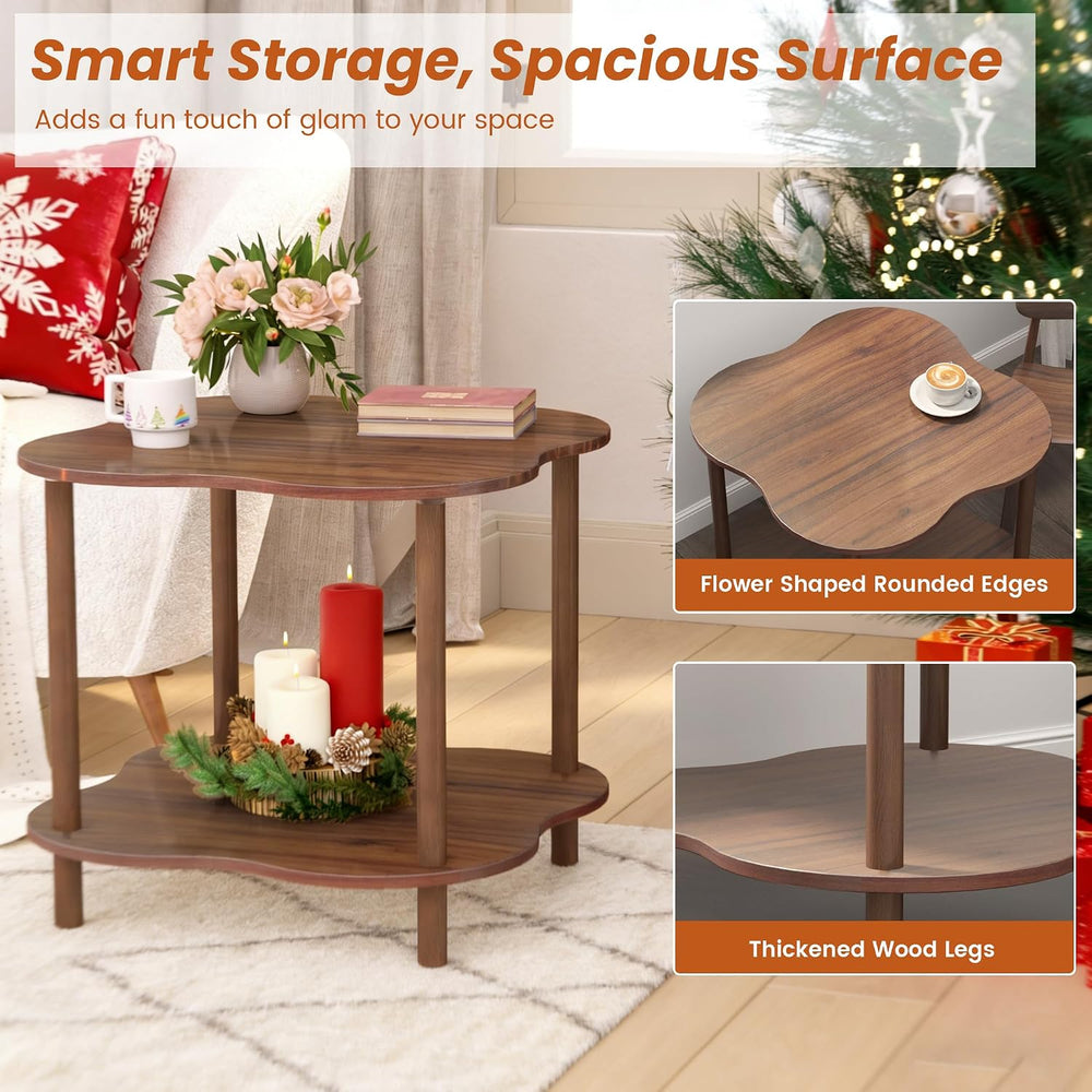 Flower Shape End Table - 2-Tier Walnut Wood Color Coffee Tables, Modern Woode...