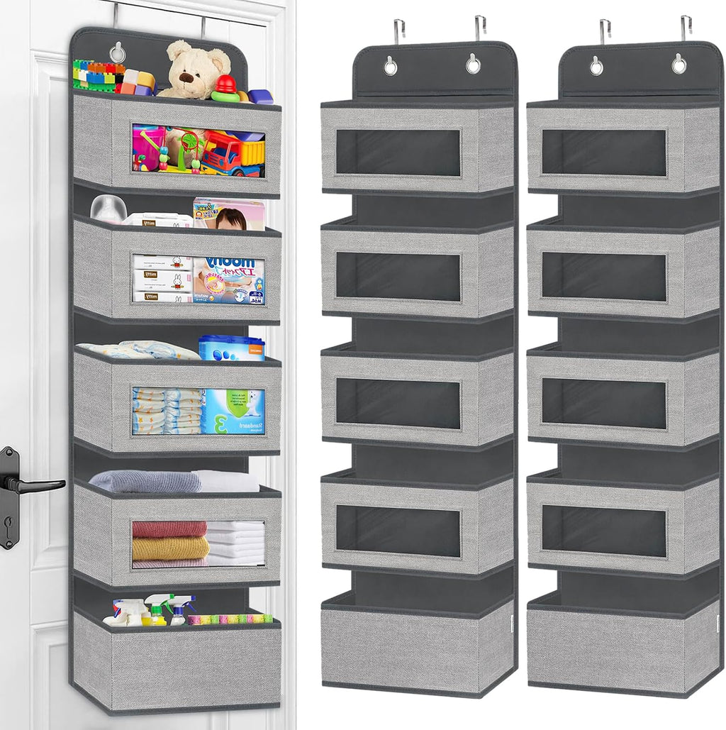 2 Pack Over the Door Hanging Organizer with 5 Large Pocket and Clear Window, Sturdy Over the Door Storage Organizer for Closet, Pantry, Bathroom,Bedroom, Nursery, Dorm (Grey)