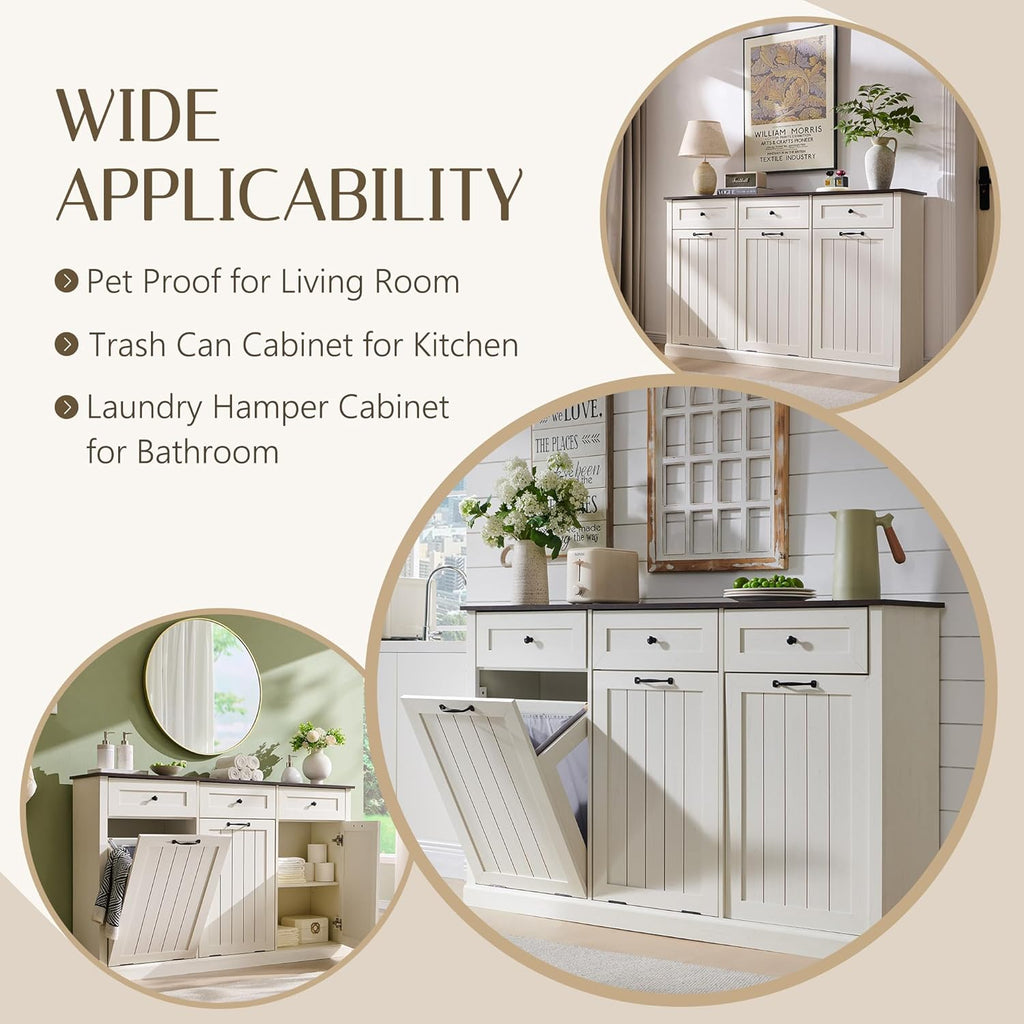 Triple Tilt Out Trash Can Cabinet, 20 Gallon Farmhouse Laundry Hamper Cabinet w/3 Drawers & Adjustable Shelf, Hidden Wooden Trash Can Cabinets with Storage Basket for Kitchen (Antique White)
