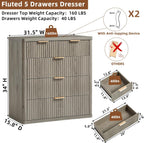 LEYAOYAO Fluted 5 Drawers Dresser for Bedroom Set of 2, 34" Tall Modern Chest of Drawers with Metal Handle, Curved Profile Design,Grey Wood Drawer Organizer for Bedroom, Living Room, Hallway