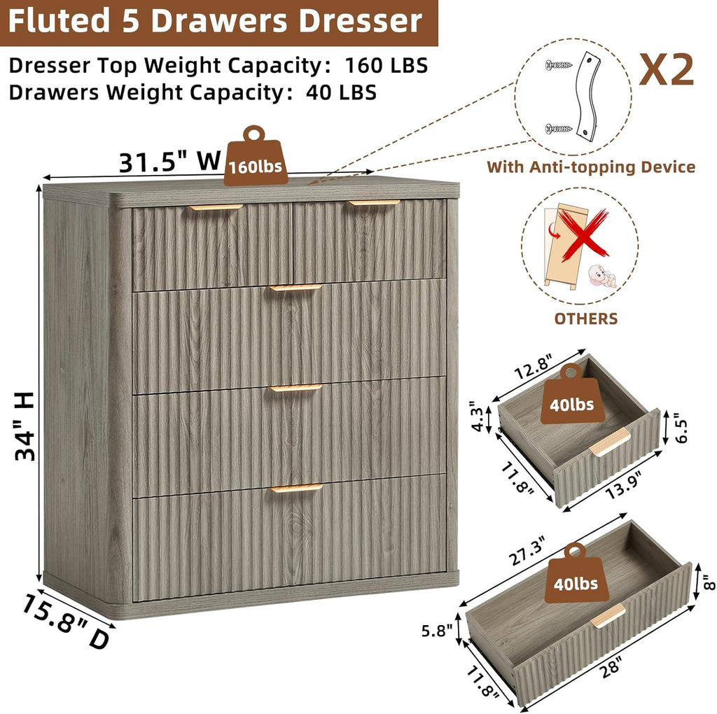 LEYAOYAO Fluted 5 Drawers Dresser for Bedroom, 34" Tall Modern Chest of Drawers with Metal Handle, Curved Profile Design,Grey Wood Drawer Organizer for Bedroom, Living Room, Hallway, Entryway