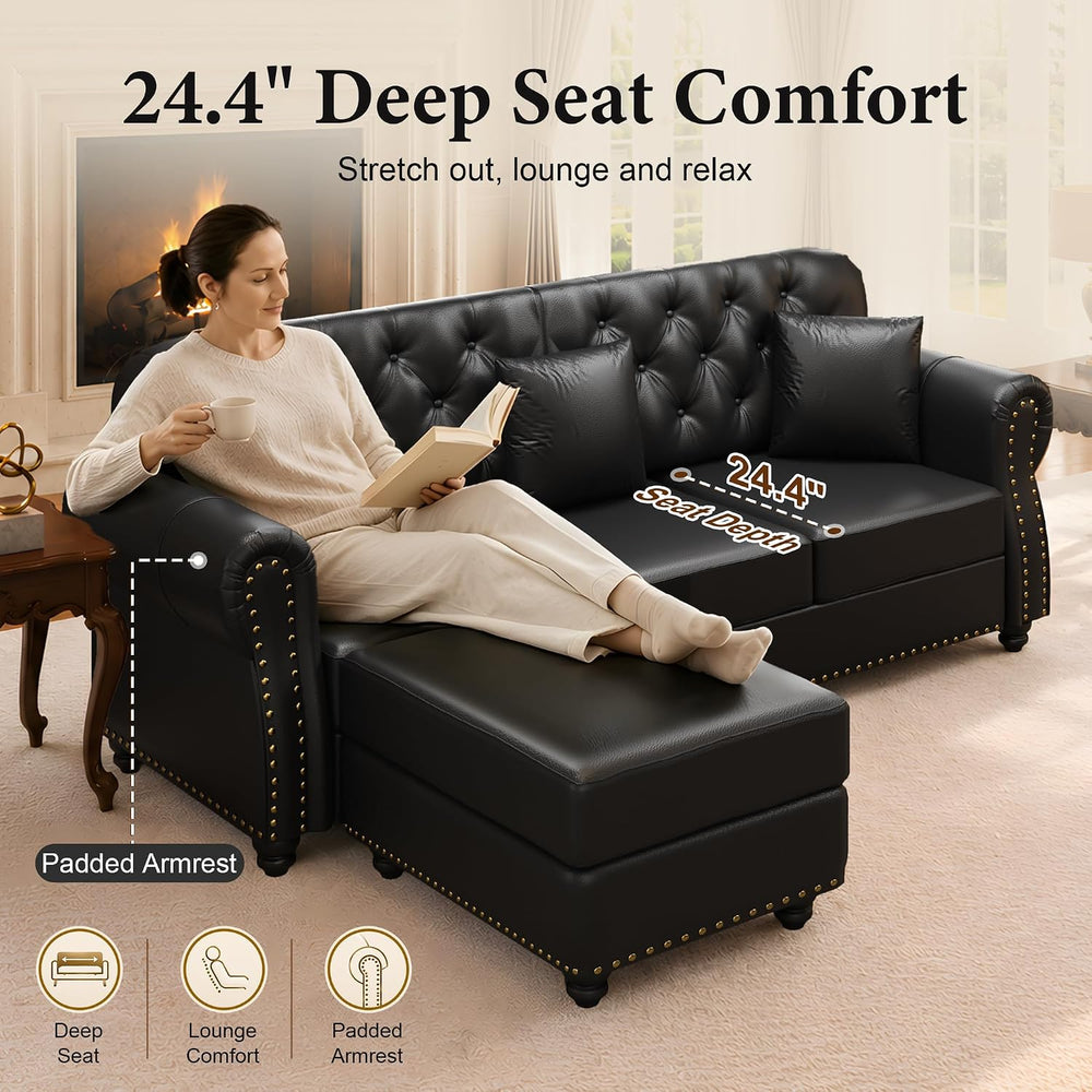 2-Piece Faux Leather Chesterfield Sofa & Loveseat Set with Ottoman, Black