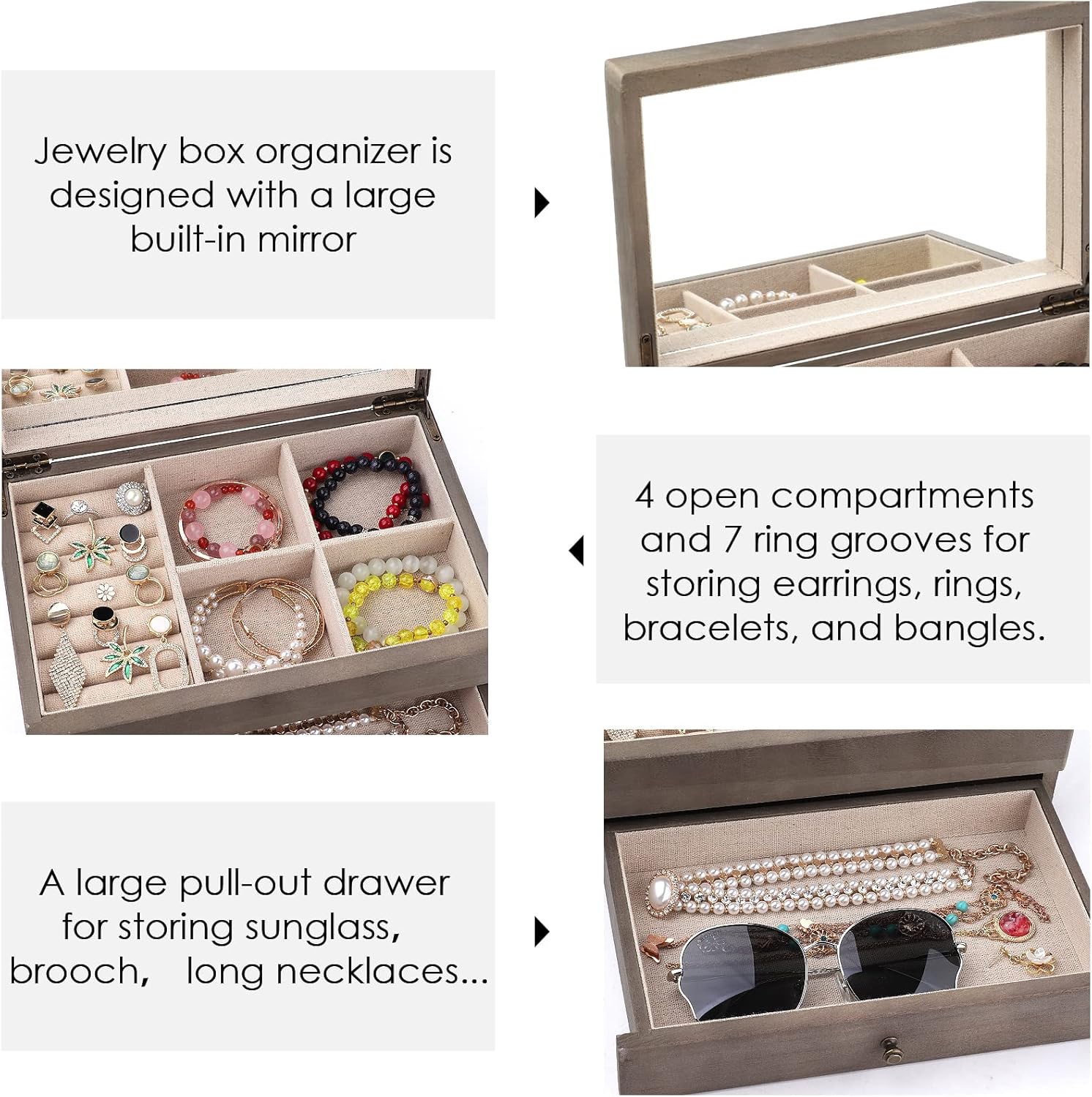 Meangood Jewelry Box Organizer for Women, 2 Layer Large Jewelry Storage Case, Rustic Wooden Jewelry Box with Mirror & Ring Tray for Necklace Earring Bracelets Rings, Vintage Style (Weathered Grey)