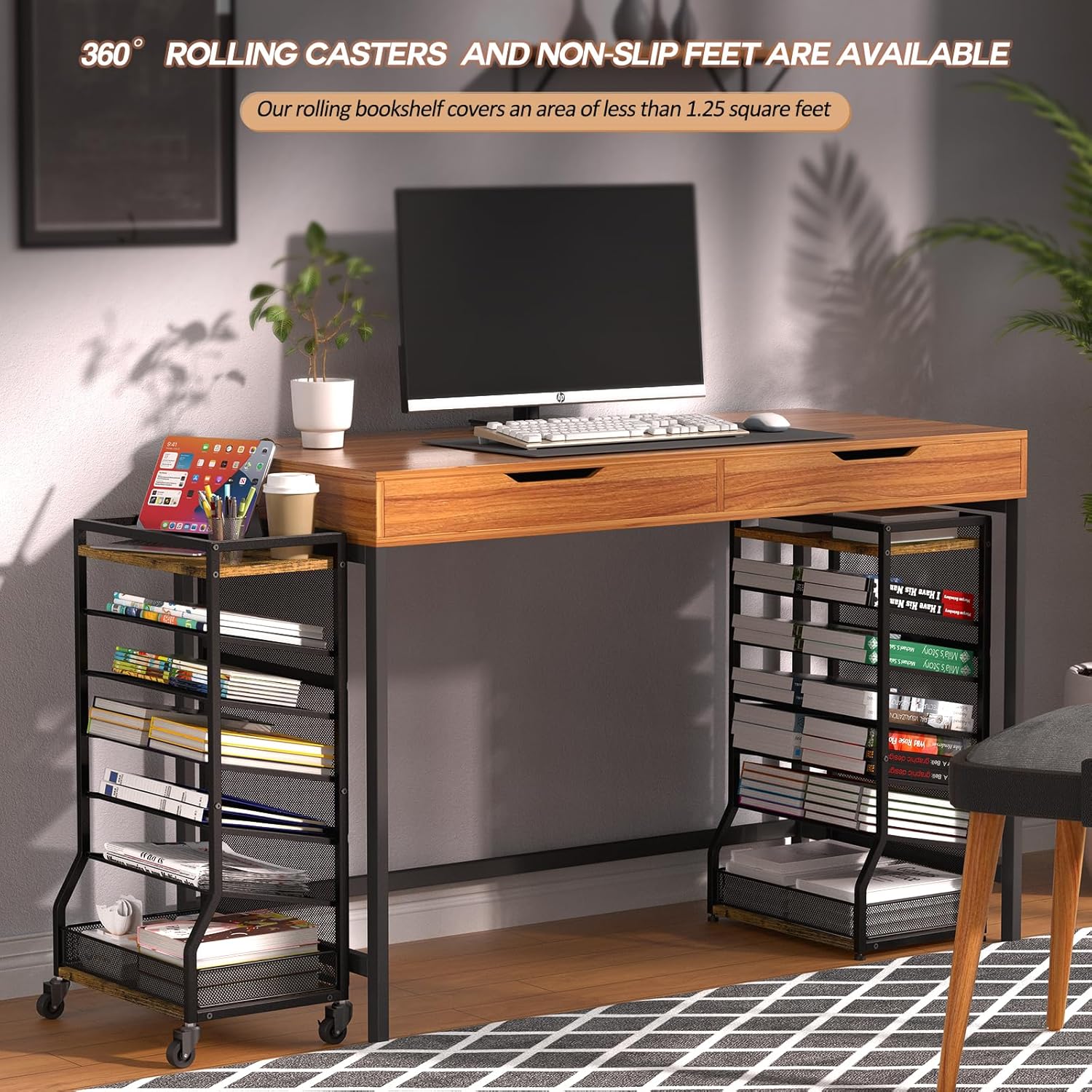 7 Tier Rolling File Cart with Sliding Trays, Wood Metal File Organizer Beside Desk, Free-Standing File Holder, Paper Letter Tray Organizer Mesh Desk Organizer for Home Office School (Patent)